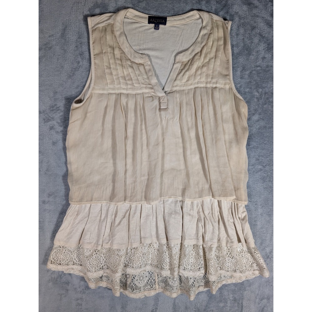 Artesia Tunic Top Womens Large Beige Sleeveless Layered Pleated Lace Trim Blouse